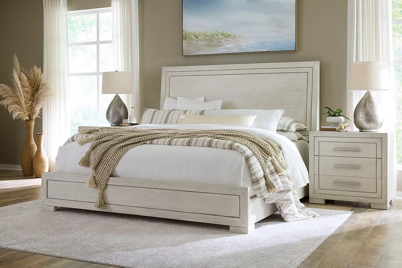 Hampton white bed with drawer nightstand in a room scene