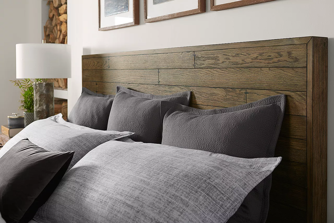 Boulder Creek headboard in weathered oak in room scene.
