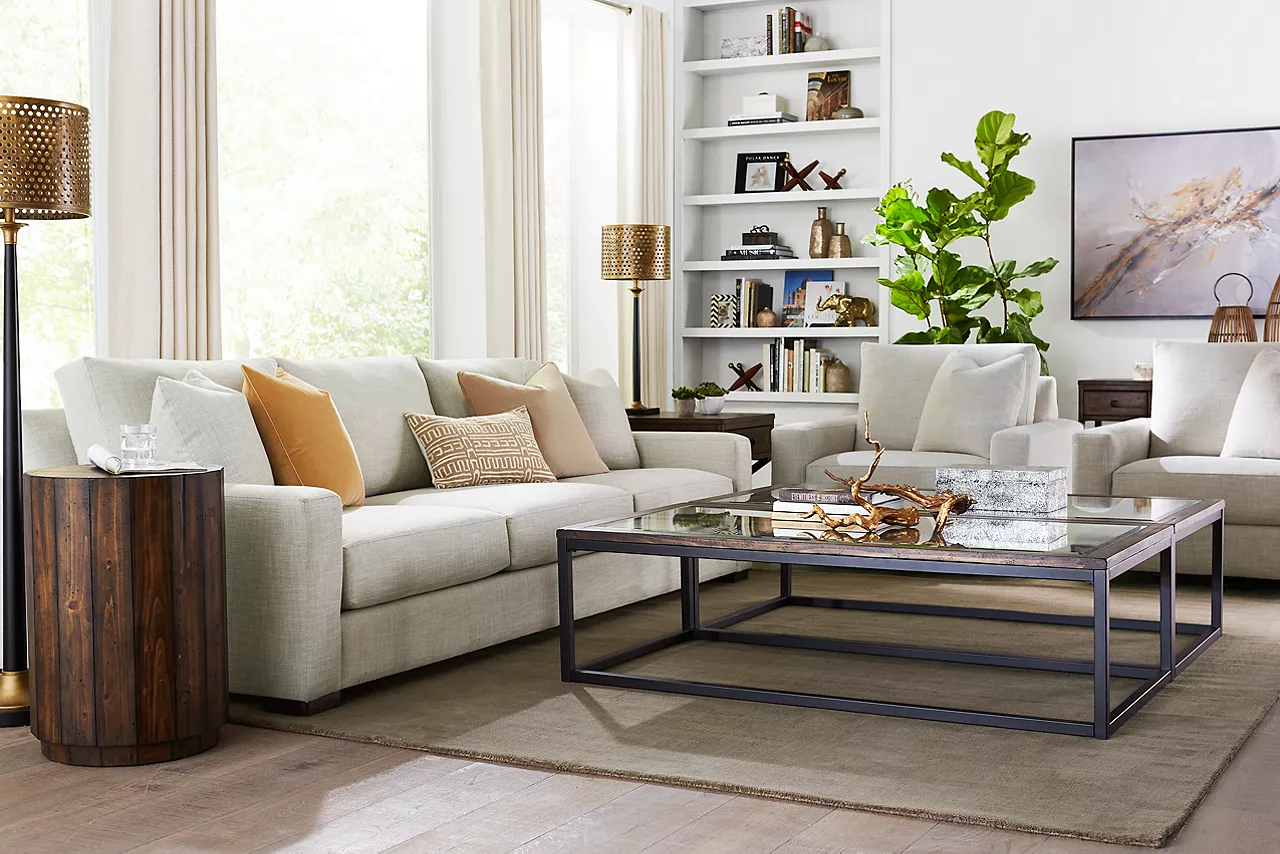 Destinations 3-Seat Sofa and Chairs in Convert Ivory in a room scene.