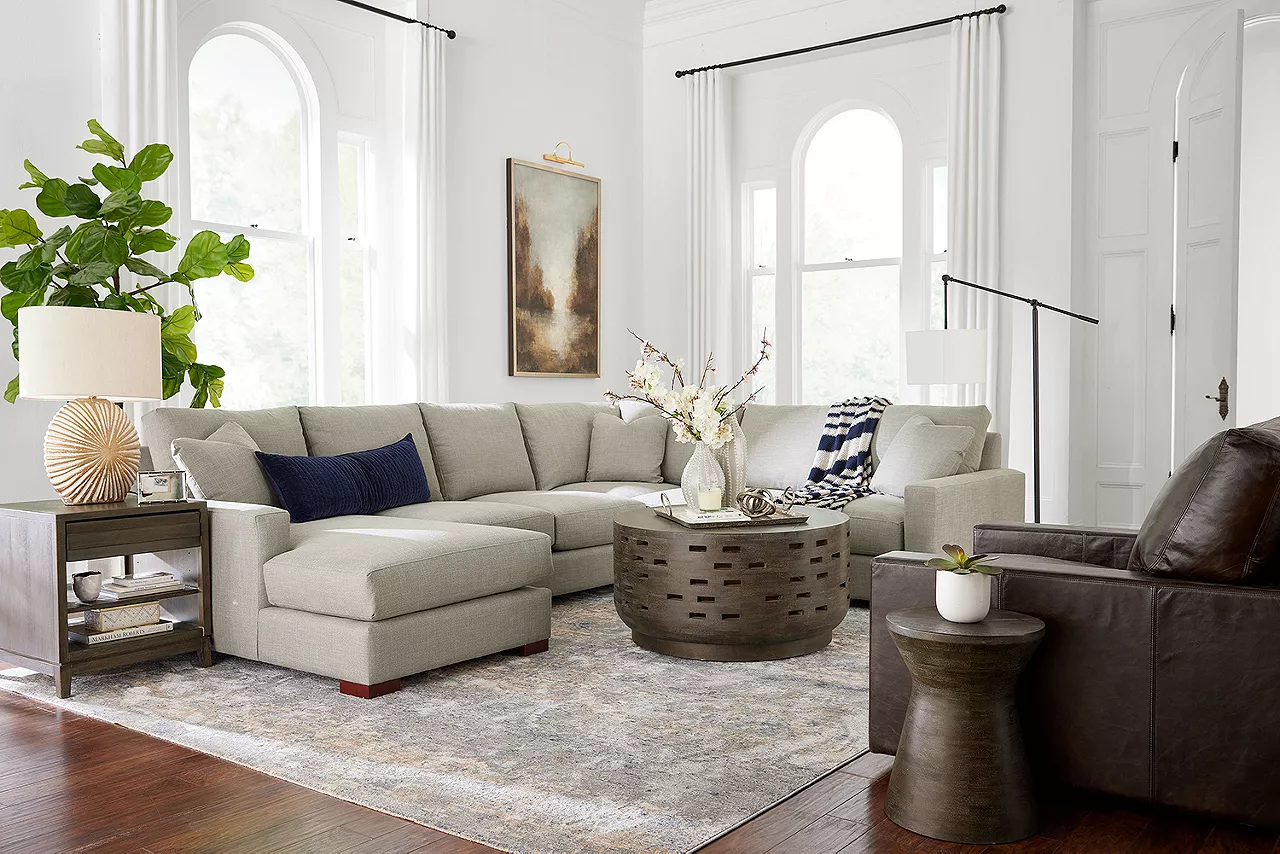 Destinations sectional Room scene featuring the Roscoe coffee table