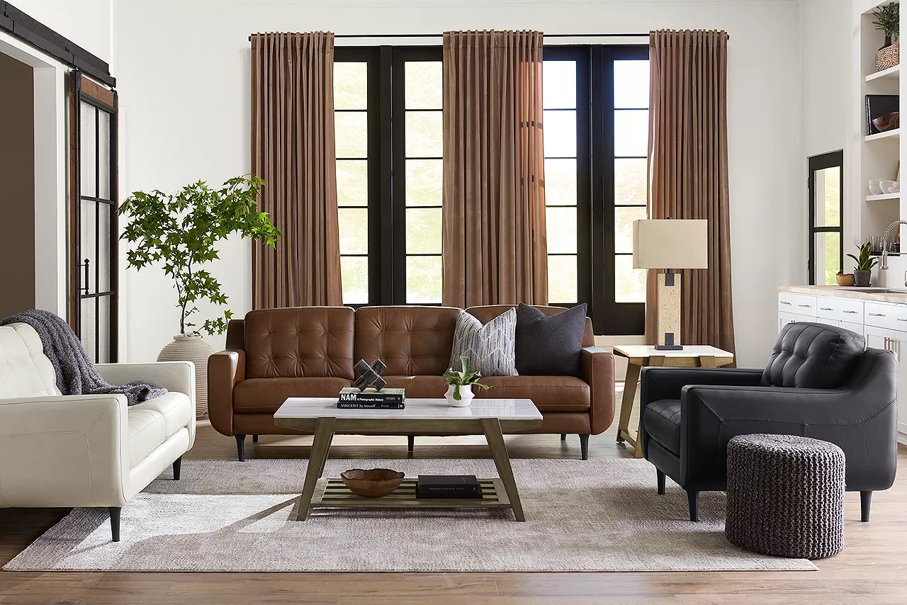 Centennial sofa, loveseat & chair with Emory tables in a room scene