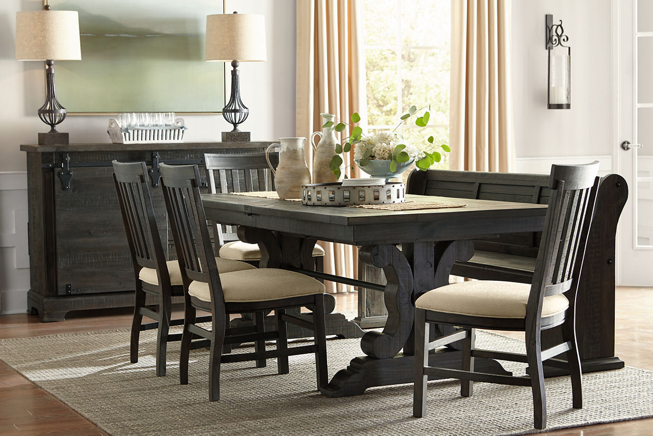  Blue Ridge Dining Table, Dining Chairs, Bench, and Buffet in Weathered Charcoal in a room scene.