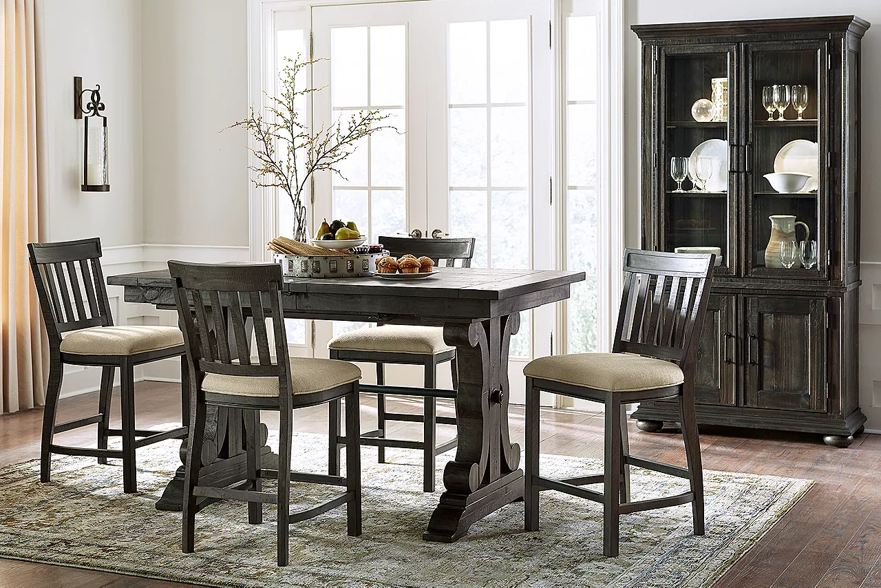 Blue Ridge Counter-Height Table, Stools, and China Cabinet in Weathered Charcoal in a room scene.