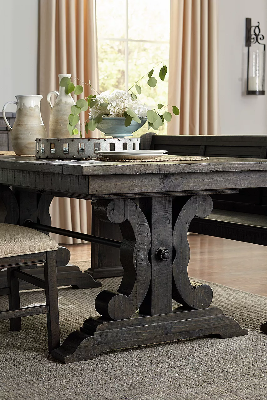 Blue Ridge Dining Table, Dining Chairs, Bench, and Buffet in Weathered Charcoal in a room scene.