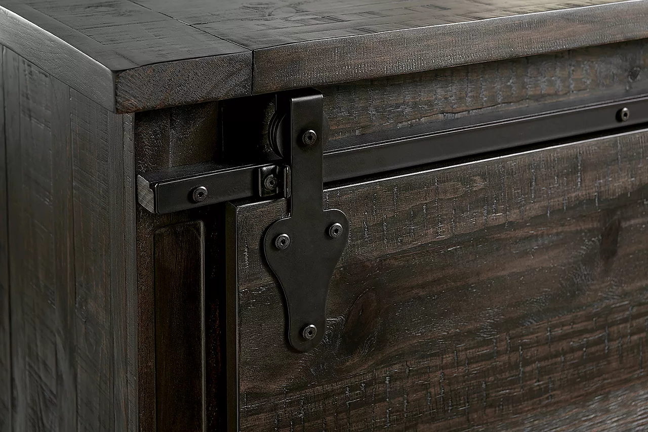 Closeup of the Blue Ridge Buffet in Weathered Charcoal showing the brushed pewter hardware.