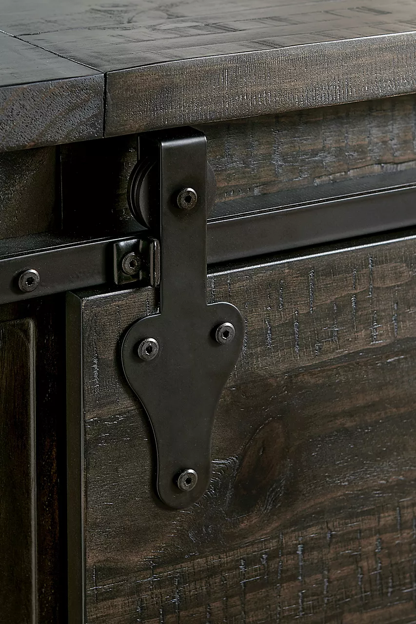Closeup of the Blue Ridge Buffet in Weathered Charcoal showing the brushed pewter hardware.