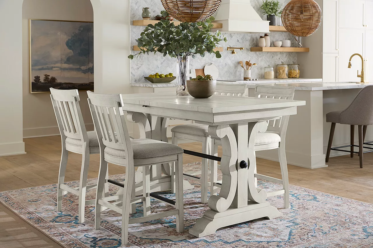 Image of Blue Ridge counter-height table with four counter-height stools in Alabaster