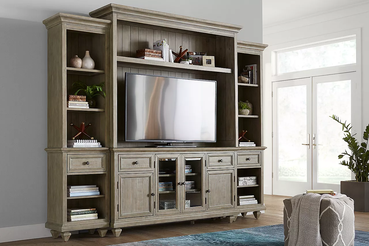 The Beckley entertainment in dovetail gray in room scene.