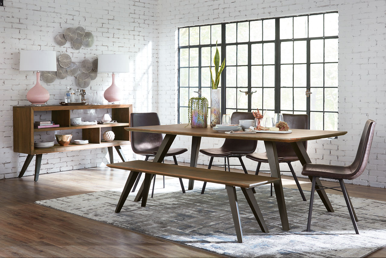 Olsen Dining Table, Bench and Buffet in Walnut and Xavier Dining Chairs in a room scene.