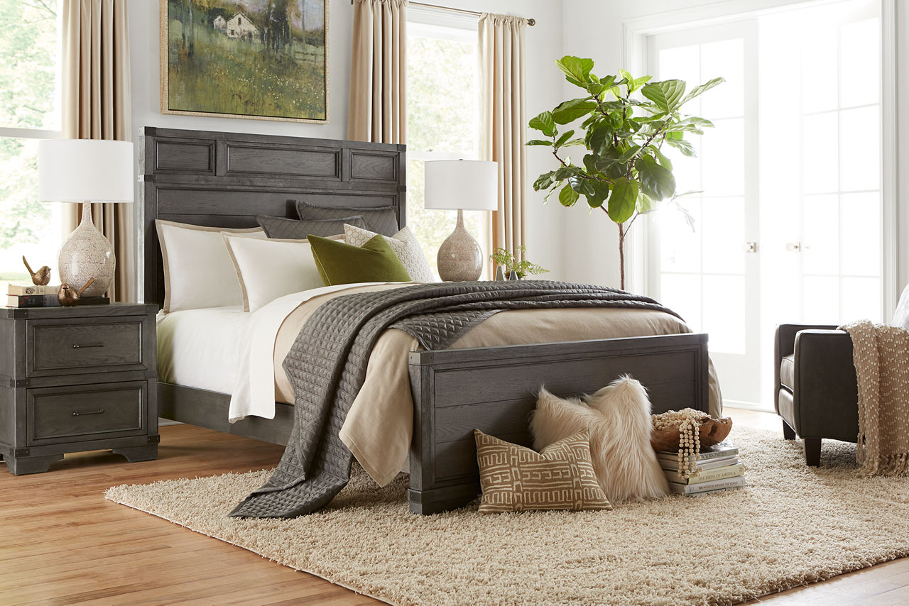 Vickery Creek Bed and Nightstand in Weathered Grey in a room scene.