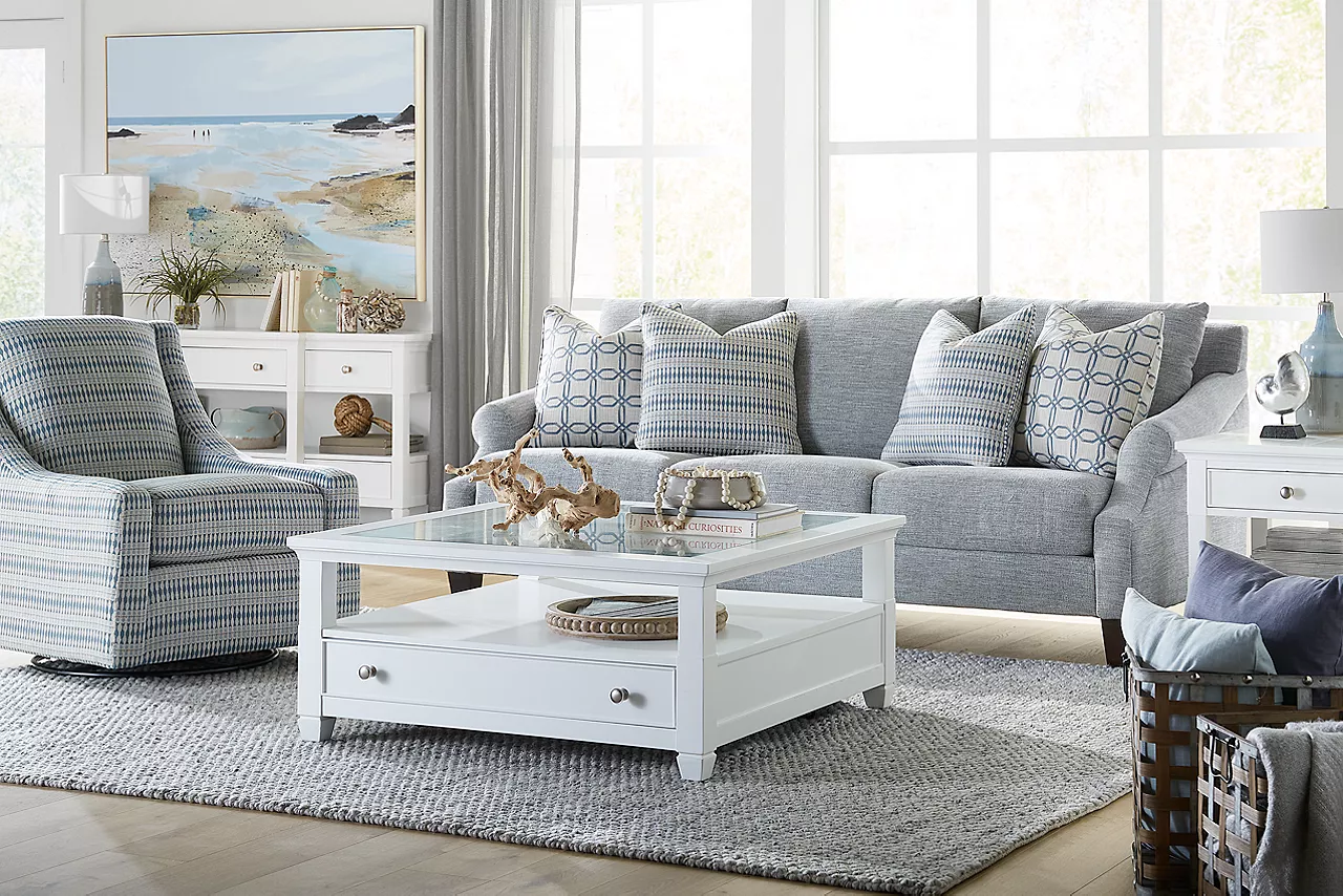 Gigi Sofa in Hornet Silverpine and Gigi Swivel Chair in Fine China Wedgewood Blue in a room scene.