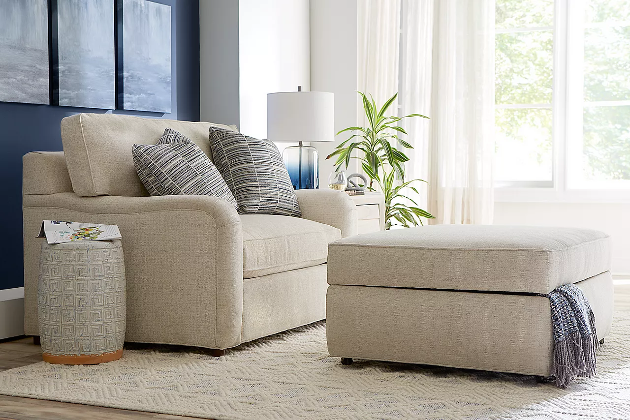 Katherine Twin Sleeper - Memory Foam and Katherine Storage Ottoman in Chelsea Snow in a room scene.