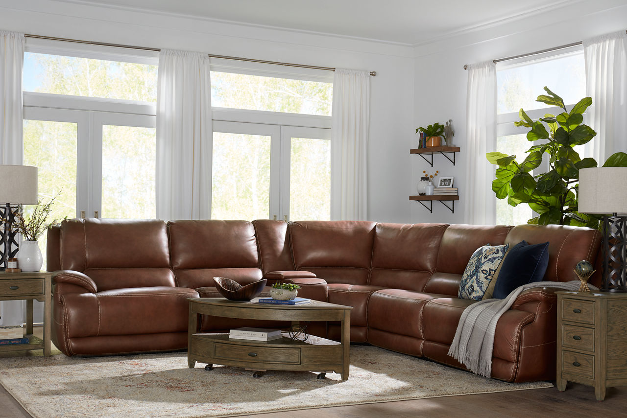 Durham Sectional in Chestnut in a room scene.