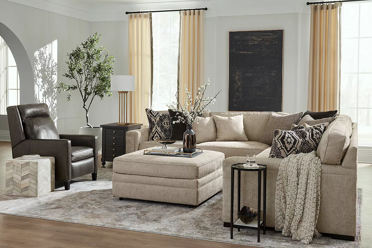 Elizabeth sectional, cocktail ottoman and recliner in a room scene
