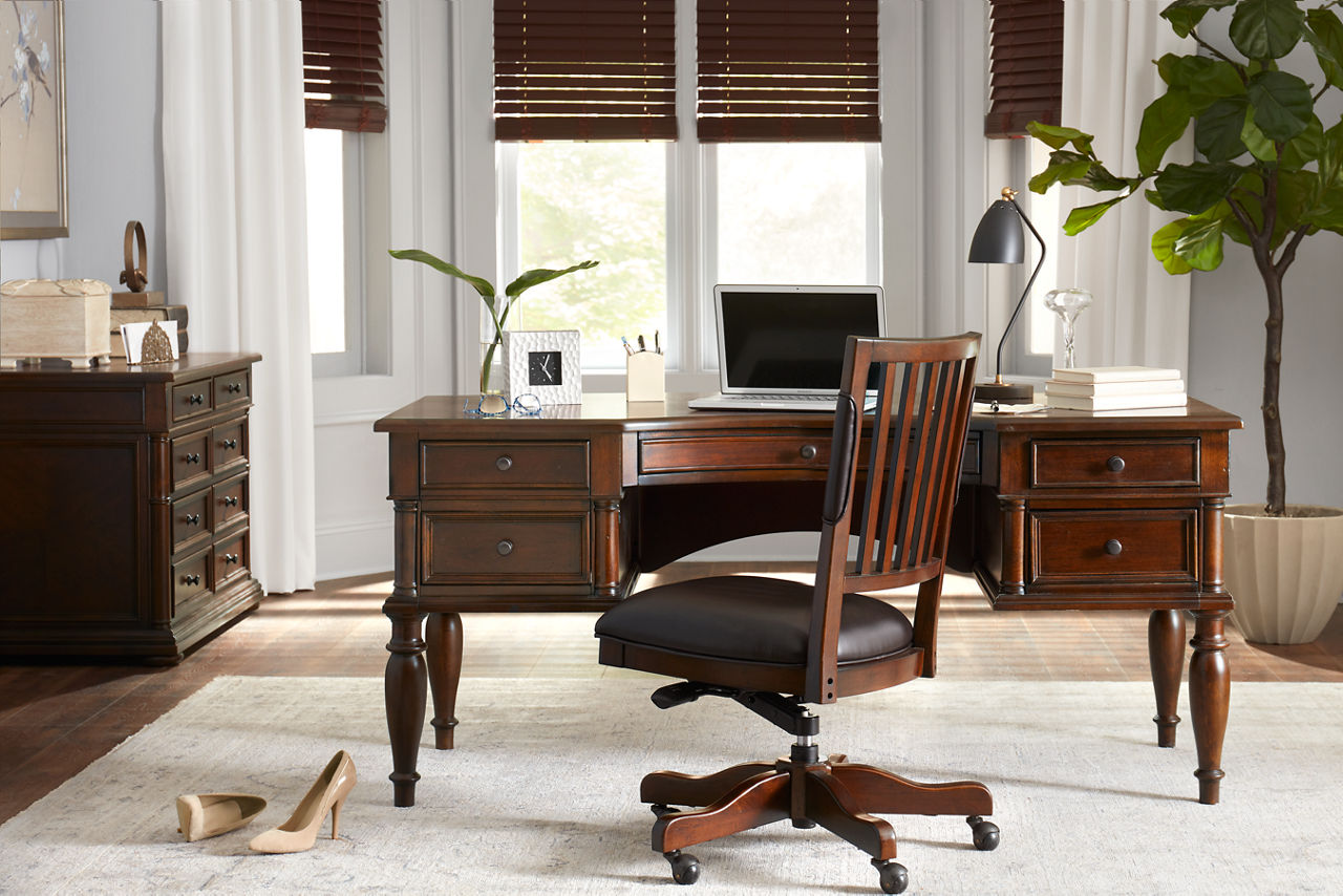 The Martin's Landing writing desk and office chair in room scene.