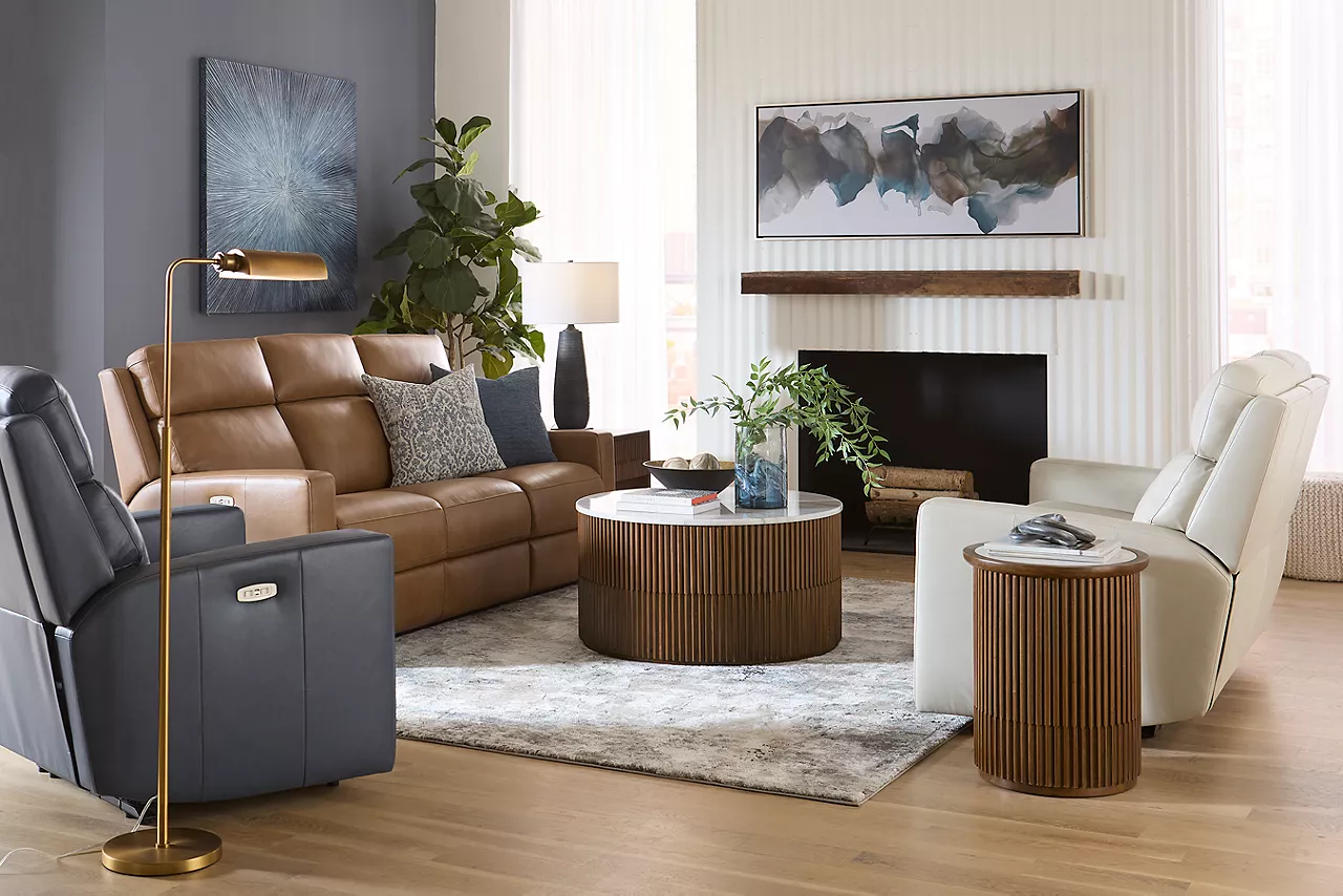 Apollo power sofa in saddle, loveseat in pearl and recliner in ocean in a room scene