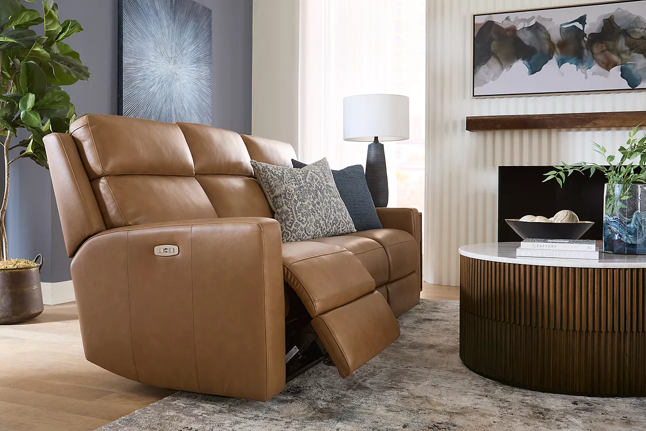 Detail of Apollo power sofa in saddle