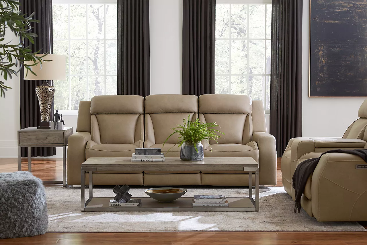 Embrace reclining sofa and loveseat with Sidney occasional tables
