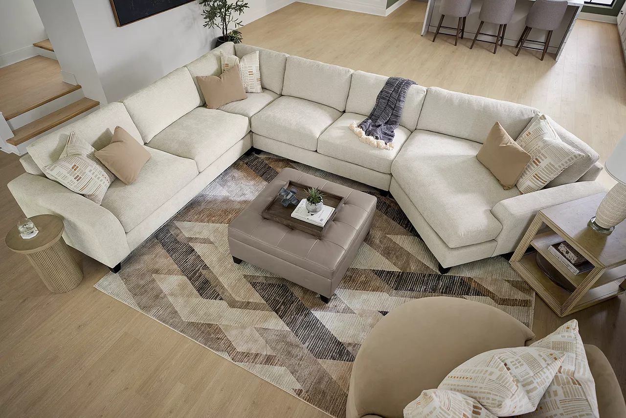 Overhead view of Harmony sectional, ottoman and swivel chair in a room scene