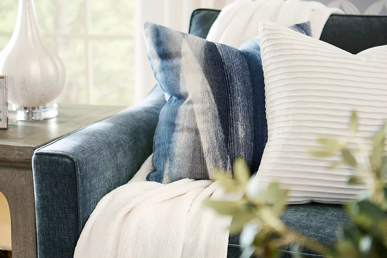 Closeup of a Shiloh sofa in Contessa Shadow in a room scene.