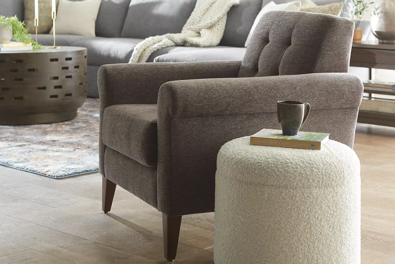 Vignette of Alaina accent chair featuring Dani side table