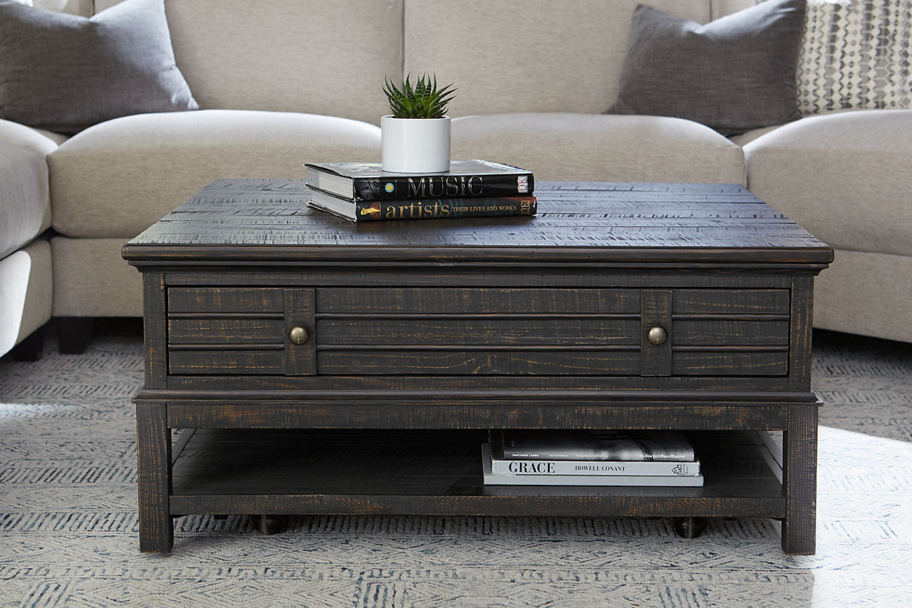 The Bryant square coffee table in room scene.