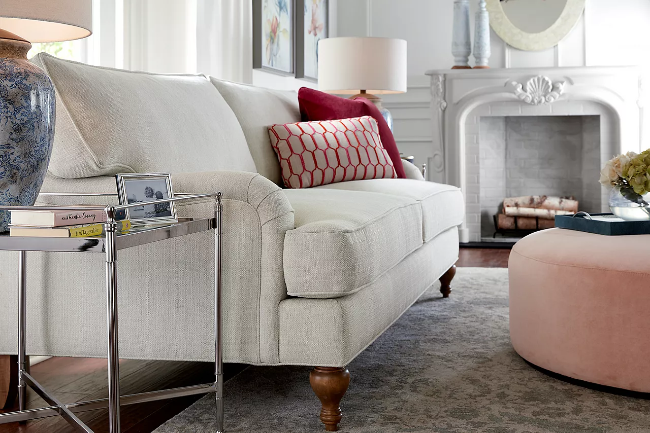 Erin 2-seat sofa in customizable fabric and style in a room scene.