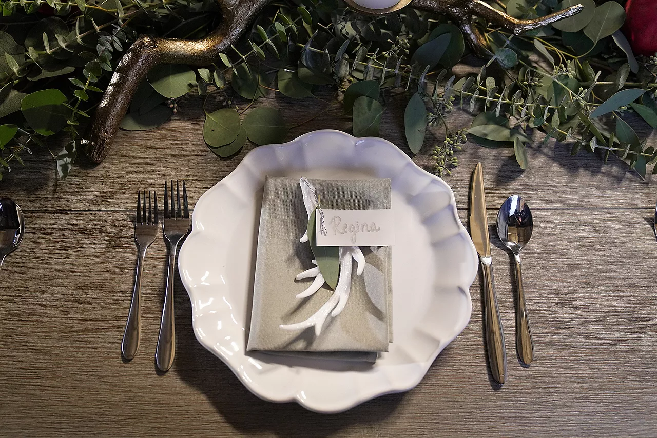 Overhead shot of utensils and plate on a table