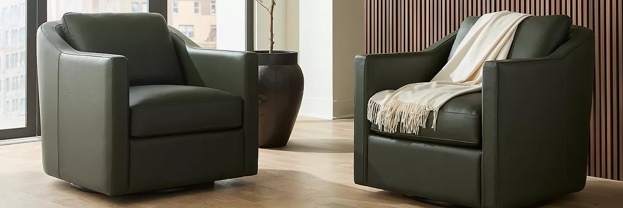 Images of two green leather chairs that depict a home upgrade
