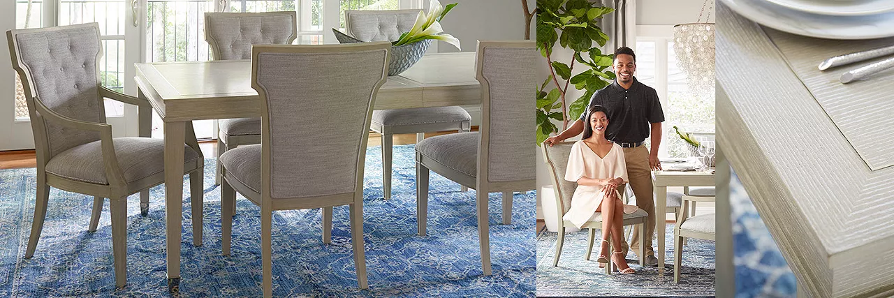 Split image featuring Hyde Park dining scene and a man and woman smiling