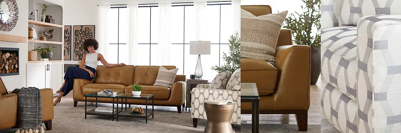 Split image featuring woman lounging on Phoenix leather sofa and detailed images of sofa and chair