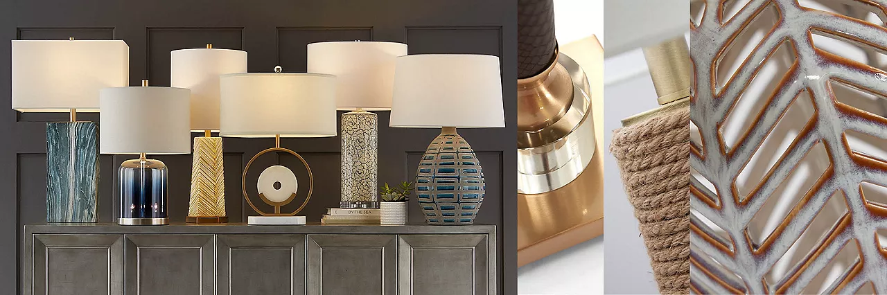 Split image featuring multiple lamps and detailed shots of the lamps