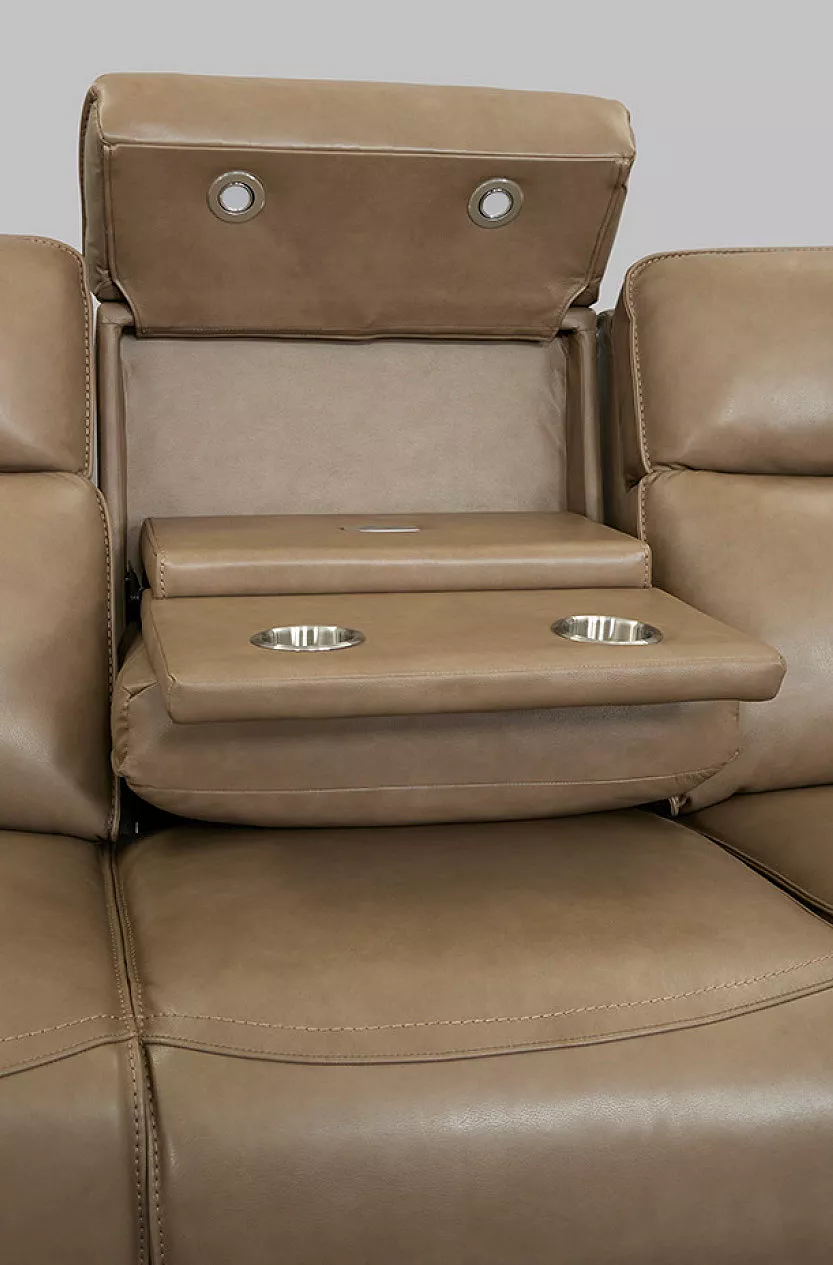 Micah power sofa featuring drop table with lighting, cup holders and USB ports