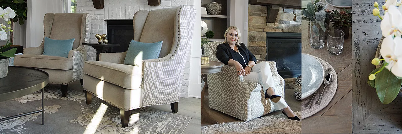 Split image featuring a living room scene and a Design Expert sitting in a chair