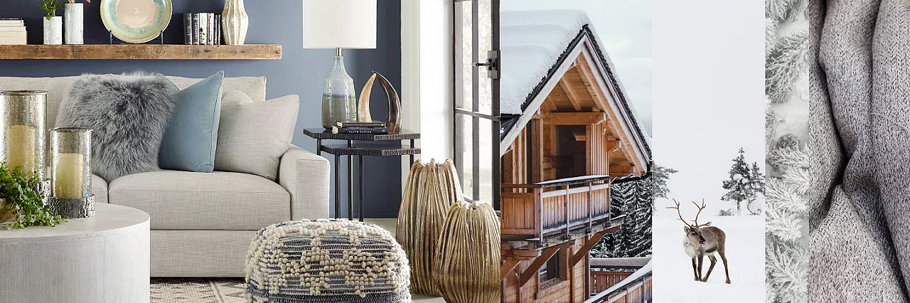 Split image featuring a Nordic Retreat inspired living room and shots of Icelandic architecture and fauna
