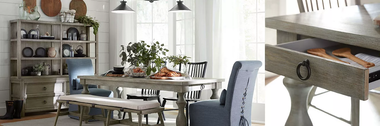 Split images featuring casual dining room scene and closeup of hidden compartment in dining table