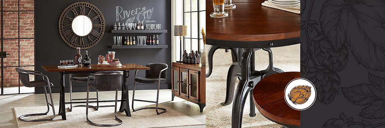 Split image of a modern dining room scene, closeup of a table, and closeup of wallpaper