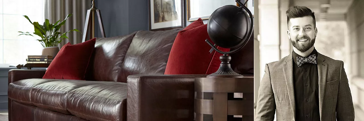 Split image of Mason sofa and a man