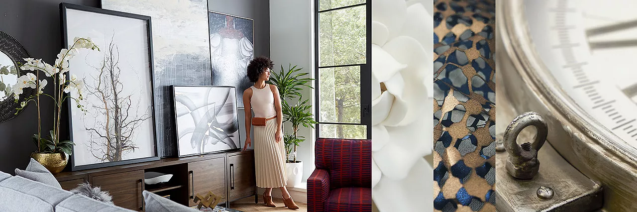 Split image featuring a woman next to her artwork and multiple detailed shots of the art