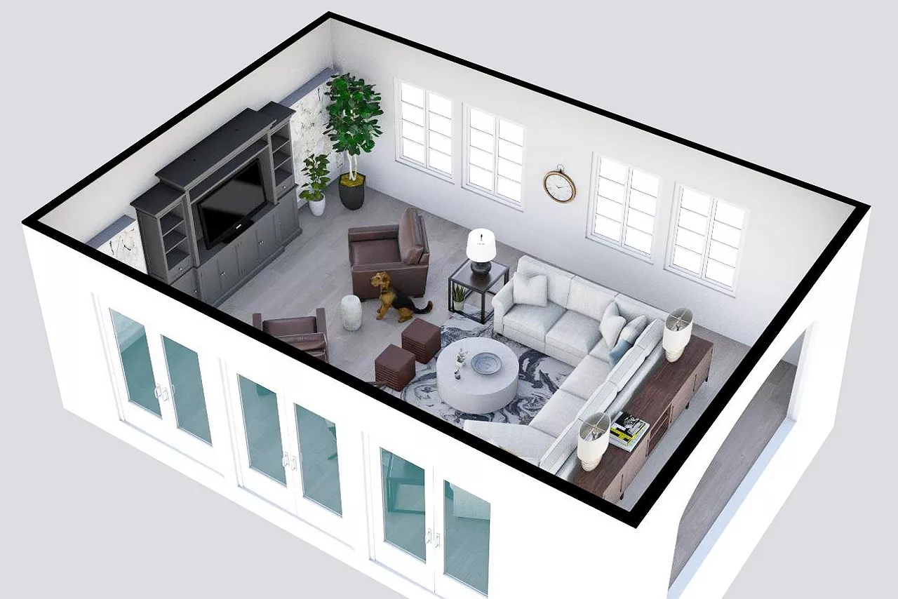 Decorative image of a 3D living room layout using Havertys Floor Planner tool